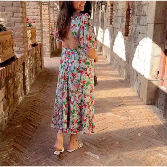 L.K. Bennett Green Floral Silk Midi Dress SIZE 12 Satin Romantic Designer $825 - Picture 6 of 10